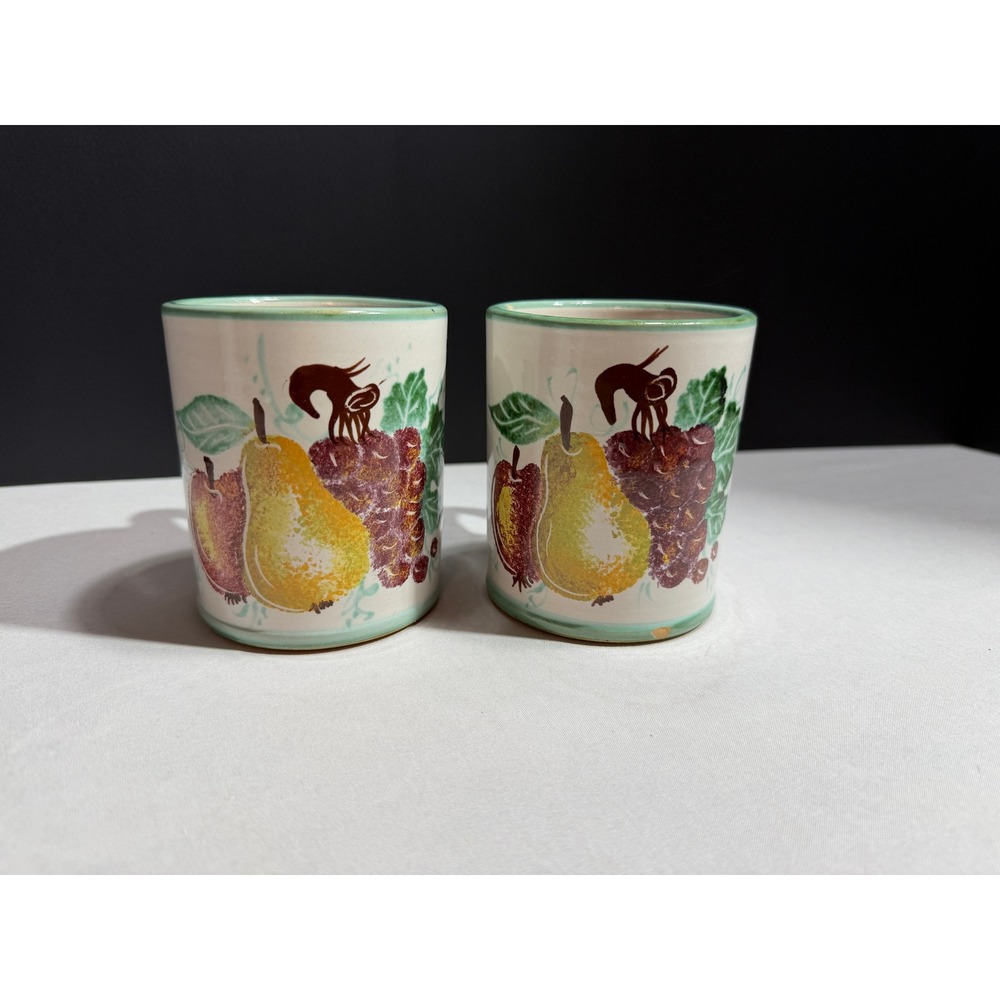 Solimene Vietri Italy Hand Painted Fruit Ceramic Coffee Mugs Set of 2 Green Trim